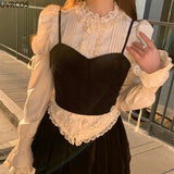 Mqtime Victorian Elegant Lolita Blouses Women Sweet Lace Ruffles Bandage Puff Long Sleeve Shirts Korean Fashion Slim Vintage Gothic Top