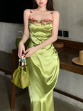 MQTIME  -  Sexy Designer Summer Green Satin Holiday Long Dress French Women Spaghetti Strap Embroidery Flower Backless Slim Robe 2025