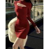 MQTIME  -  Korean Simple Style Red Flame Burgundy Deconstruction Hollow Backless Hip Dress Spring New