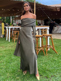 Mqtime Off Shoulder Backless Pleated Satin Maxi Dresses For Women Elegant Split Long Sleeve Dress Green Dress Lady Party Club Vestidos