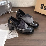 MQTIME  -  Vintage Glossy Surface Mary Jane High Heels,British Style Round Toe Polka Dot Spliced Leather Shoes,Versatile Preppy Dress Shoes