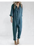 MQTIME  -  Fashion Cotton Linen Long Sleeve Pocket Jumpsuit Women'S Autumn Casual Loose Solid Color Shirt Jumpsuit Female Military Rompers