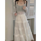 Mqtime Y2K Vintage Lace Ruffled Casual Mid-length Skirt Women Autumn New High Waist Hollow Solid Color All Match Cake Skirt