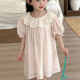  MQTIME  -  New Summer Baby Girls Pink Princess Dresses Puff Sleeve Lace Embroidery Toddlers Kids Casual Dress