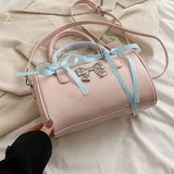  MQTIME  -  Korean-style Cute Pink Straps Pu Leather Kawaii Bow Large-capacity Storage Bag Handbag Crossbody Bags Woman Bag Purse