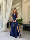 MQTIME  -  Summer Women Party Dress High Waist Cross V-neck Bowknot Strap X-long Evening Dress Female Side Split Elegant Lady Maxi Dresses