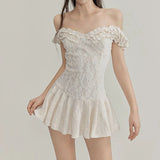 MQTIME  -  Sweet French High End Jacqard Slash Neck Short Dress Elegant Heavy Flower Lace Splicd Pleated Short Dress Y2k Thin Punk Clothes