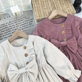 MQTIME  -  Girls' Corduroy Dress Autumn 2025 Fashion Princess Bow Gown Children Long-sleeve Casual Vestidos 2025 New Kids Sweet Clothing