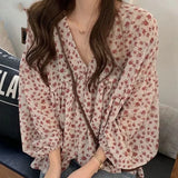 Mqtime V-neck Chiffon Shirt Women Sweet Tops Blouse Spring Korean Floral Print Long Sleeve Casual Loose Slim Lady Clothes New