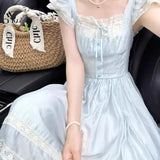 MQTIME  -  Summer Sweet Fly Sleeve Blue Bownot Fairy Dress Slim French Style Patchwork Lace Dress A-line Women Casual Dress