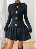 MQTIME  -  New Elegant and Sweet Style Butterfly Bow Button Decoration Half High Neck Long Sleeved Autumn Dress