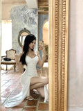 MQTIME  -  Elegant Sheer Mesh Sexy Maxi Dress For Women White See Through Spaghetti Strap Sleeveless Thigh High Split Long Dress
