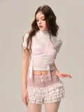 MQTIME  -  Pink Pearl Ruffles Shorts Skirts Women Kawaii A-line Shorts with Lace Ballet Cutecore Summer Sweet Girl Elastic Bottoms