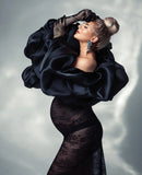 MQTIME  -  Luxury Black Lace Maternity Dress Photoshoot See‑Through Ruffle Mermaid Pregnancy Dress with Shawl 2 Pieces Baby Shower Gown