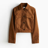 MQTIME  -  Women Brown Suede Leather Jacket Vintage Lapel Single Breasted Long Sleeve Pocket Slim Outerwear Spring Lady Chic Top 2025