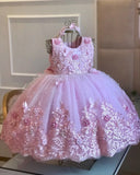 MQTIME  -  White Green Flower Girl Dress For Wedding Applique Tulle Short Sleeve Pearl Princess Kids Birthday First Communion Ball Gown