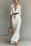 MQTIME  -  Women's Fashion Solid Holiday Party Dress Elegant Lapel Button Draped Long Dress Casual Long Sleeve Match With Belt Shirt Dress