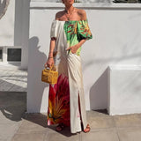 MQTIME  -  Summer Casual Vacation Pleat Maxi Dress Elegant Puff Sleeve High Waist Party Dress Fashion Slash Collar Off Shoulder Print Dress