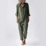 MQTIME  -  Fashion Cotton Linen Long Sleeve Pocket Jumpsuit Women'S Autumn Casual Loose Solid Color Shirt Jumpsuit Female Military Rompers