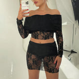 MQTIME  - Lace Patchwork Women Sexy Two Piece Set Folded Off Shoulder Long Sleeve Slim Crop Tops Hipster Bodycon Mini Skirts Clubwear