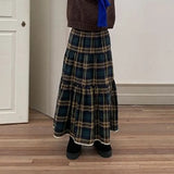 MQTIME  -  Women Vintage Green Plaid Tiered Midi Skirts Elastic High Waist A Line Ruffled Cake Skirt Autumn Casual Preppy Style Long Skirts