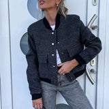 Mqtime Autumn Women Ribbed Neckline Slim Jackets Casual High Street Woolen Baseball Uniform Coats Fashion Office Lady Button Outerwear