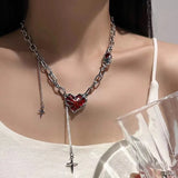Mqtime Gothic Vintage Red Heart Star Cross Pendant Chain Necklace For Women Men Halloween Punk Y2K Grunge Hip Hop Jewelry Accessories
