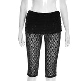 MQTIME  -  Women Fashion Sexy See Through Lace Calf-length Pants Ruched Lapel High Waist Skinny Capris Clubwear All Match Street Bottoms