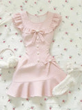 MQTIME  -  Japanese Elegant Sweet O Neck Pleated Short Sleeve Dress Y2k Fashion Polka Dot Print Slim Short Dress Lolita Bow Pearl Dresses