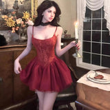 MQTIME  -  High-end Celebrity Diamond Lace Suspender Dress Women 2025 Summer New Temperament Slim Waist Fluffy Princess Mini Dress Girls