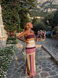  MQTIME  -  Sexy Color Block Striped Sling Maxi Dress Women Spaghetti Strap High Split Slim Long Dresses Summer New Lady Holiday Robes