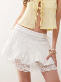 MQTIME  -  Women s Fashionable Summer Mini Skirt with Chic Bow Detail and Lace Patchwork Comfortable Elastic Waistband and Mid Rise