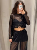 MQTIME  -  See Through Women's Pant Suit Two Piece Set Sexy Tassel  Patchwork Full Sleeve Tank Top Wide Leg Pants Female Sets Beach Outfit