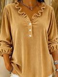 MQTIME  -  New Corduroy Solid Pullovers Elegant Lantern Long Sleeve Loose Tops Autumn New Simple V-neck Ruffles Commute Tops For Women