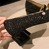 MQTIME  -  Glitter Mary Jane Women Thick Heel Shoes Fashion Square Toe Ladies 2024 Autumn Shallow Dress Party Mid Heel Shoes Zapatos Mujer