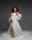 MQTIME  -  Elegant Lace Appliques Maternity Wedding Dress Off-Shoulder Organza Mesh Prom Party Gowns High Slit  Photography Dresses