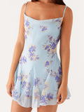 MQTIME  -  Women s Floral Print Spaghetti Strap Backless Tie-up A-line Dress Sleeveless Summer Mini Dress with V-neck
