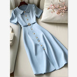 MQTIME  -  Solid Color A-Line Party Dress Summer New Women Peter Pan Collar Golden Single Breasted Slim Office Lady Midi Vestido Robe 837P