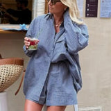 MQTIME  -  Loose 2 Pieces Women Summer Set Striped Plaid Turn-down Collar Long Sleeve Shirt Short Pants Outfits Female Shorts Suit