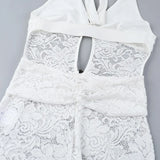MQTIME  -  Metal Buckle Hollow Out See Through Lace Flare Jumpsuits Women Sexy V Neck Lace-up Halter Backless Slim Club Overalls Rompers