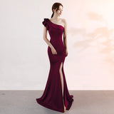 MQTIME  -  Women One Shoulder Evening Dress Solid Color Summer Ruffles Maxi Dresses Sexy Slash Neck Party Long Dress Elegant Streetwear