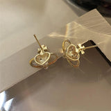 Mqtime Vintage Simulated Pearl Oil Drip Copper Heart Planet Stud Earrings for Women Shiny Cross Zironia Fashion Party Jewelry