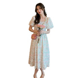 MQTIME  -  Square necked bubble sleeved floral dress for children's summer 2024 new slim waist French style elegant and stunning long skirt