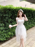 MQTIME  -  Woman Dress Mesh Patchwork Sleeveless Irregular Slim V Neck Ribbon Princess Sweet Elegant Party Dresses Female Fashion