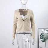 MQTIME  -  Casual Chic Lace Patchwork Knit Cardigan Women Slim V-neck Long Sleeve Buttons Female Sweater 2026 Spring Lady Cozy Knitwear