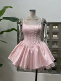 MQTIME  -  Sexy Spaghetti Strap Backless Bow Design Mini Dress Women Pink Black Sleeveless Lace Patchwork A-line Dresses Birthday Party