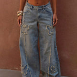 MQTIME  -  Style: Glittering Diamond Embroidered Denim Wide-leg Pants with High Waist for Slimming Effect - Feminine Cool Girl Pants