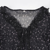 MQTIME  -  Women's Sheer Floral Print Blouse Ruffled V-Neck Lace-Up Long Sleeve Chiffon Top for Daily/Party