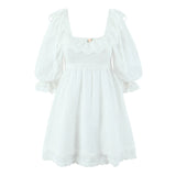 MQTIME  -  Summer New Princess Dress Square Collar Cotton A-line White Dress Embroidered Lace Mini Dress Open Back Vestidos