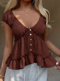 MQTIME  -  Women Summer Vacation Cute Elegant Yellow Frill Ruffle Trim Single Breasted Shirt Blouse Top Ladies Beach Holiday Daily Wear